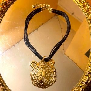 Black and Gold Tiger Pendant Short Statement Necklace